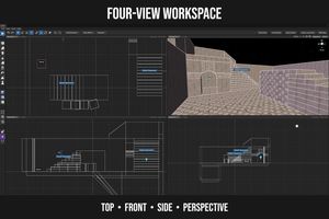 Anvil CSG four-view workspace: top, front, side and perspective