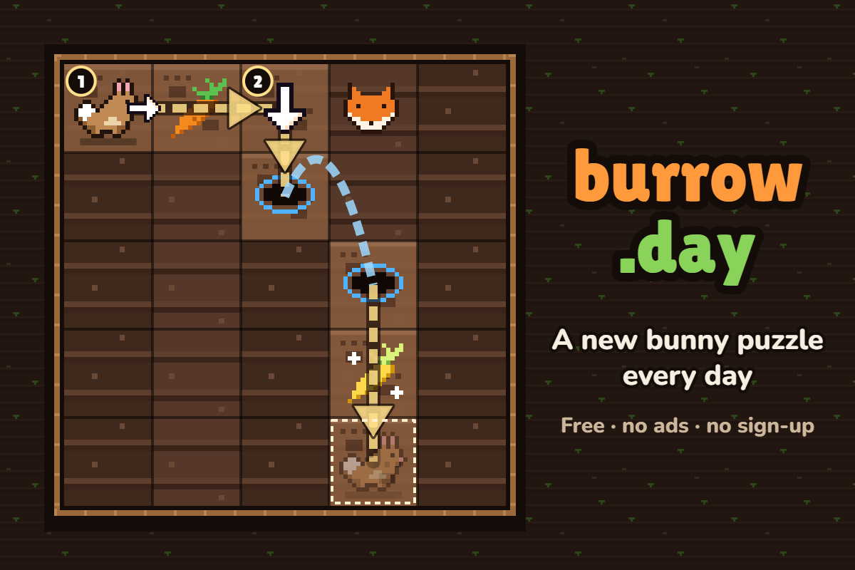Burrow, a pixel art garden with a bunny, carrots and foxes